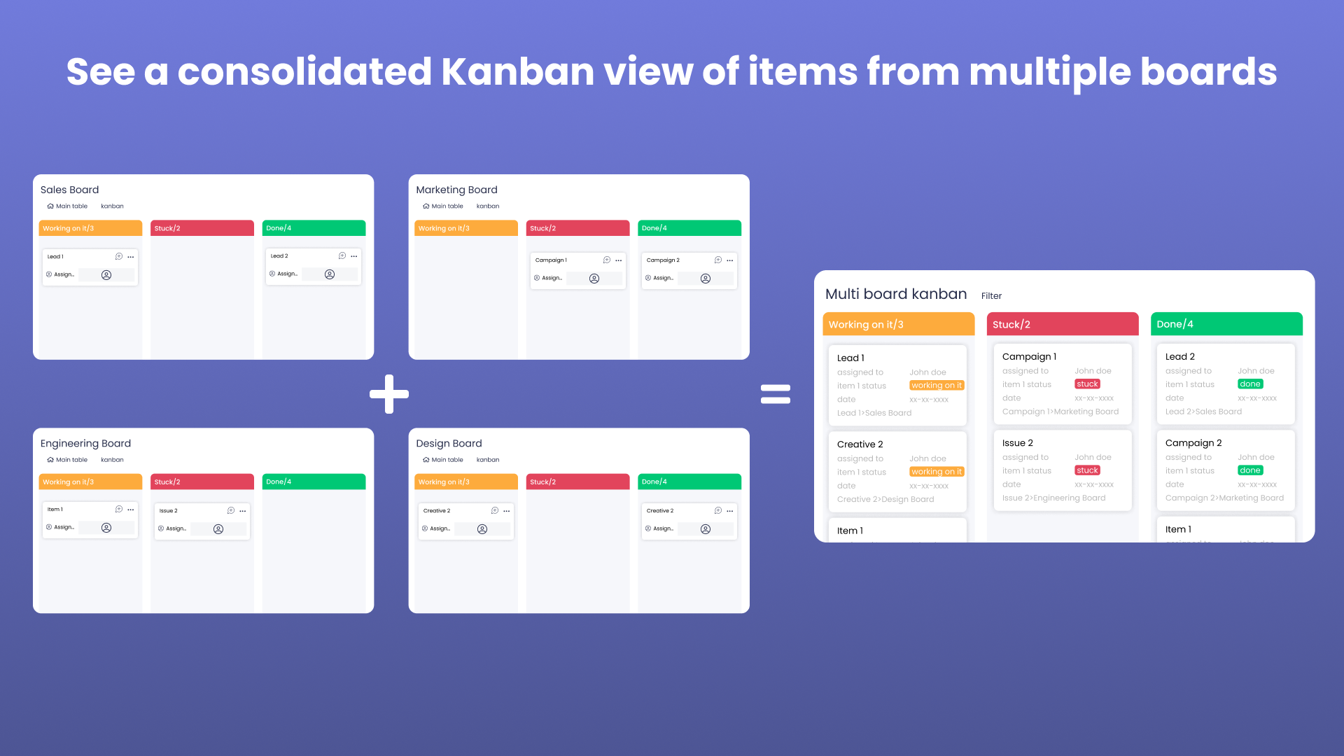 Multi board kanban for monday.com - Consolidated Kanban View